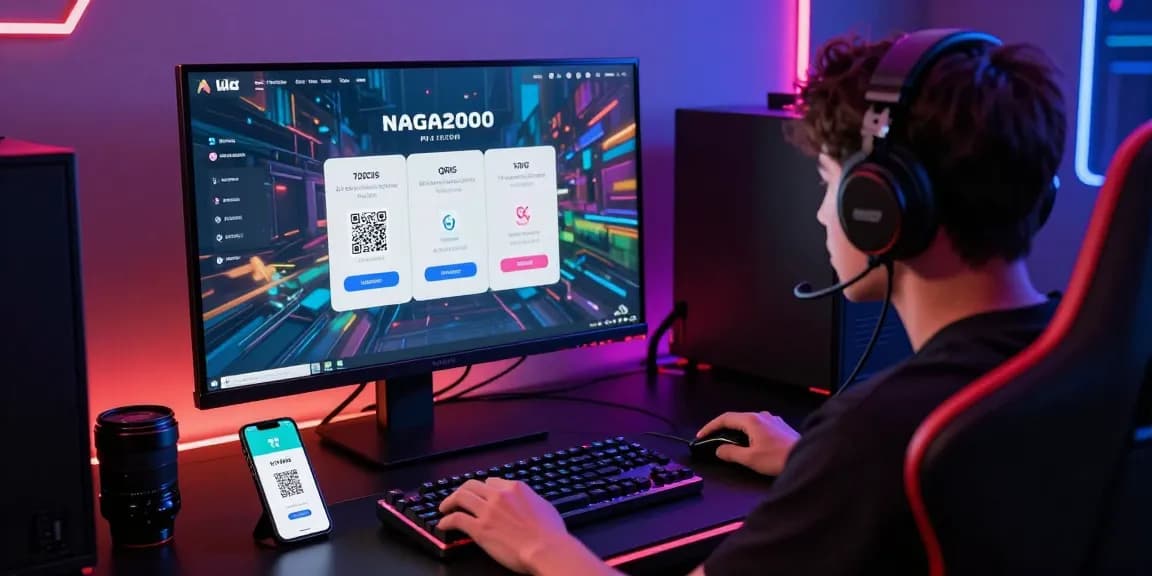 Proses topup akun game di NAGA2000 menggunakan metode QRIS gratis biaya admin setiap hari, dengan tampilan antarmuka aplikasi e-wallet siap dipindai.