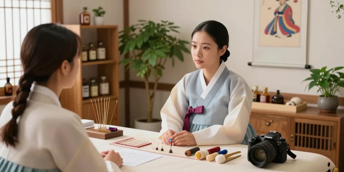 Consultation at 영통한의원 with traditional remedies and a caring practitioner in a serene environment.