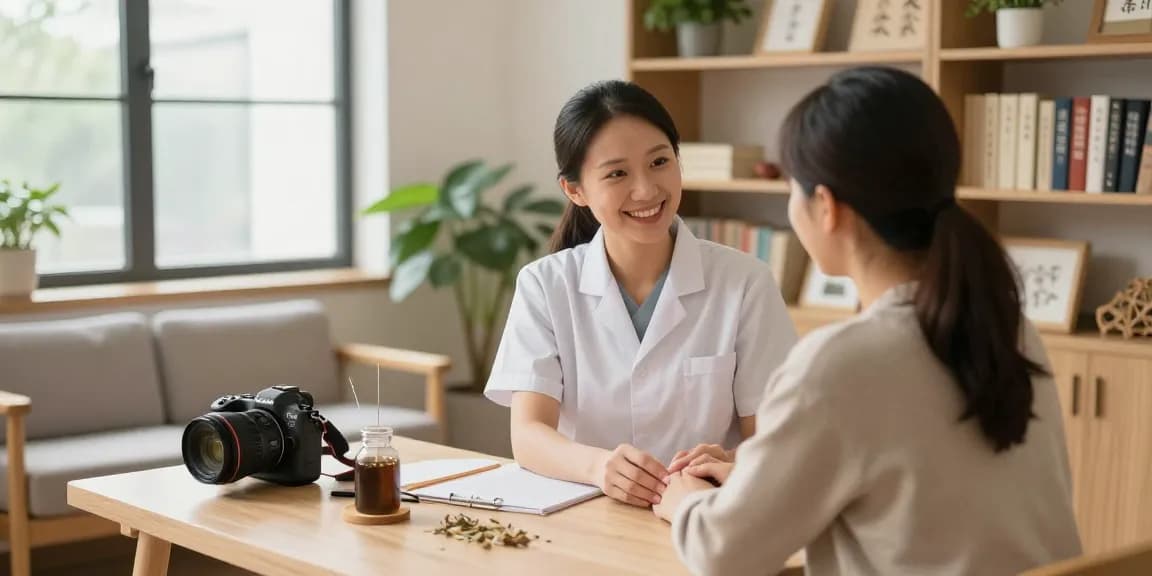 Professional consultation scene at 수원한의원 with an acupuncturist treating a patient in a soothing environment.