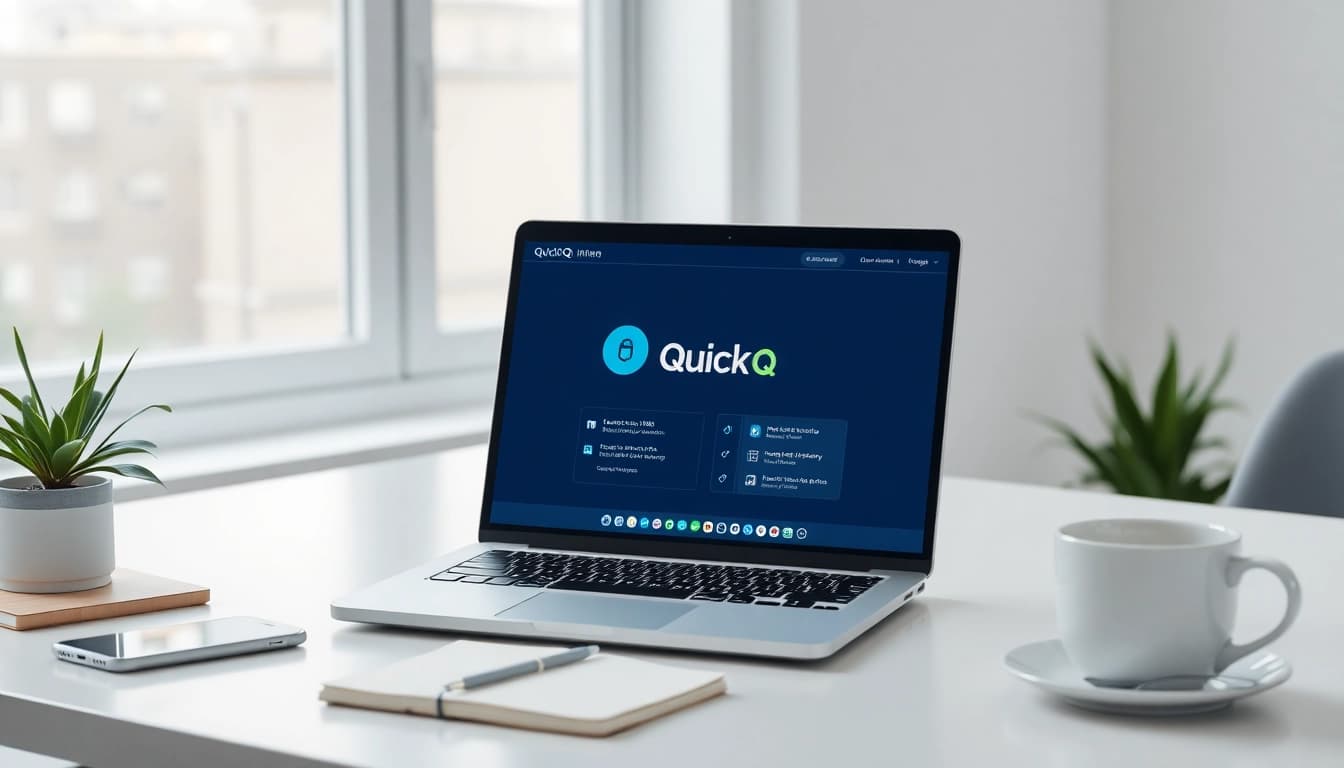 在现代数字化工作环境中展示的 QuickQ VPN 界面，强调安全性与效率。