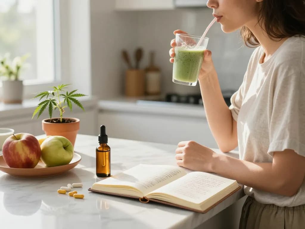 sigaretta elettronica e olio di CBD su un luminoso piano di cucina con articoli per il benessere in un ambiente naturale.