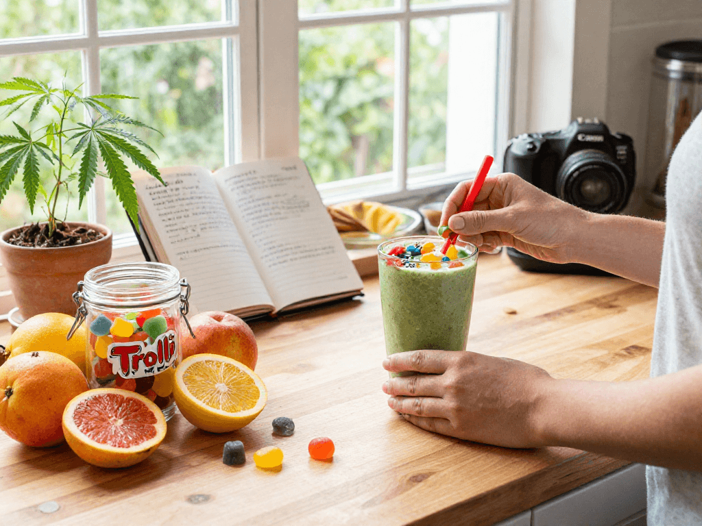 Trolli THC gummies enhance natural wellness routine with fresh ingredients and CBD smoothie in vibrant kitchen.