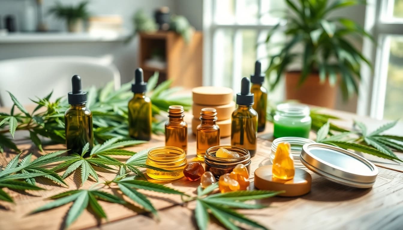 Showcasing CBD products accompanied by fresh hemp leaves on a wooden table.