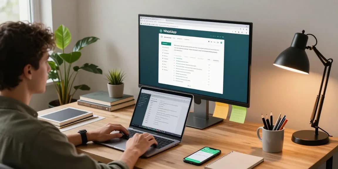Using WhatsApp電腦版 in a modern home office with warm lighting and a productive atmosphere.