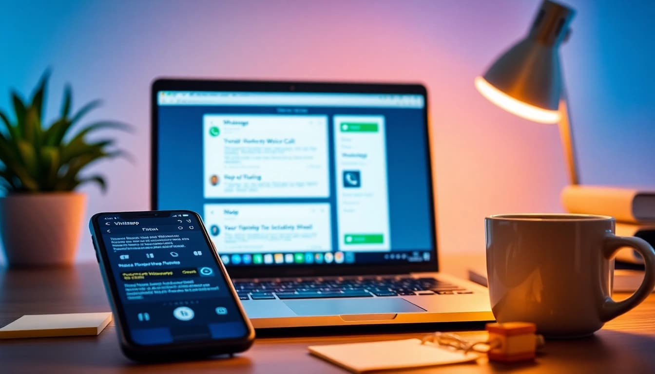 展示 WhatsApp Web 功能（如消息发送与语音通话）的生动场景，突出 快连官网。