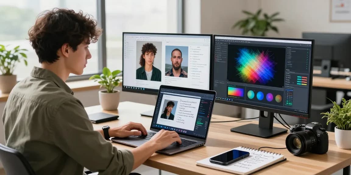 Using a free AI image detector in a modern workspace with data visualizations and analysis tools.