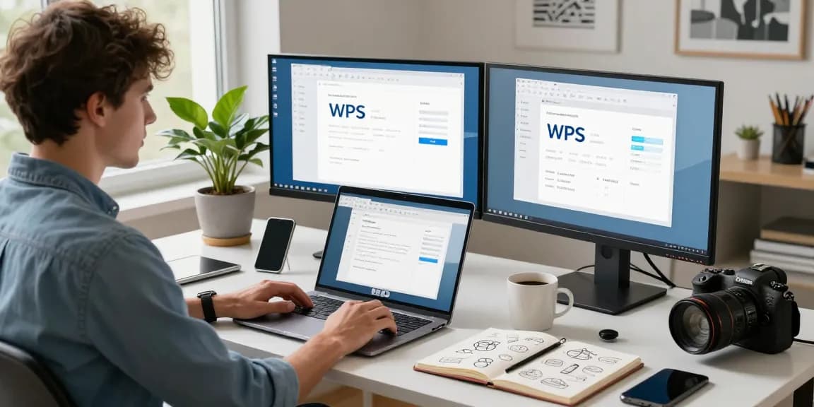 Download WPS Office in a modern home office setting with a professional using a laptop, coffee and tech gadgets visible.