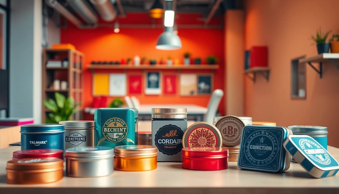 Showcase of custom tins with vibrant designs and logos in a modern workspace.