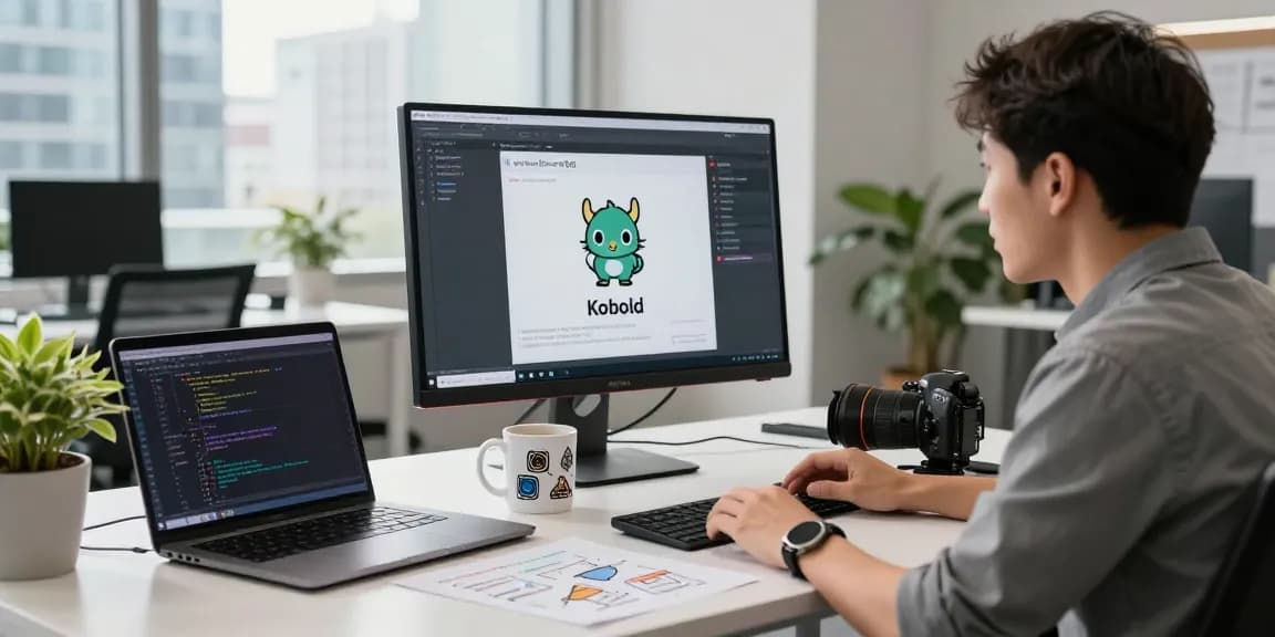 Engaging Kobold AI interaction in a tech workspace with a developer utilizing AI technology.