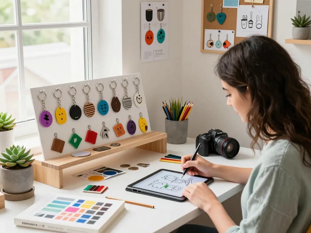 Custom key chain designs displayed in a cozy workspace, showcasing vibrant materials and creative process.