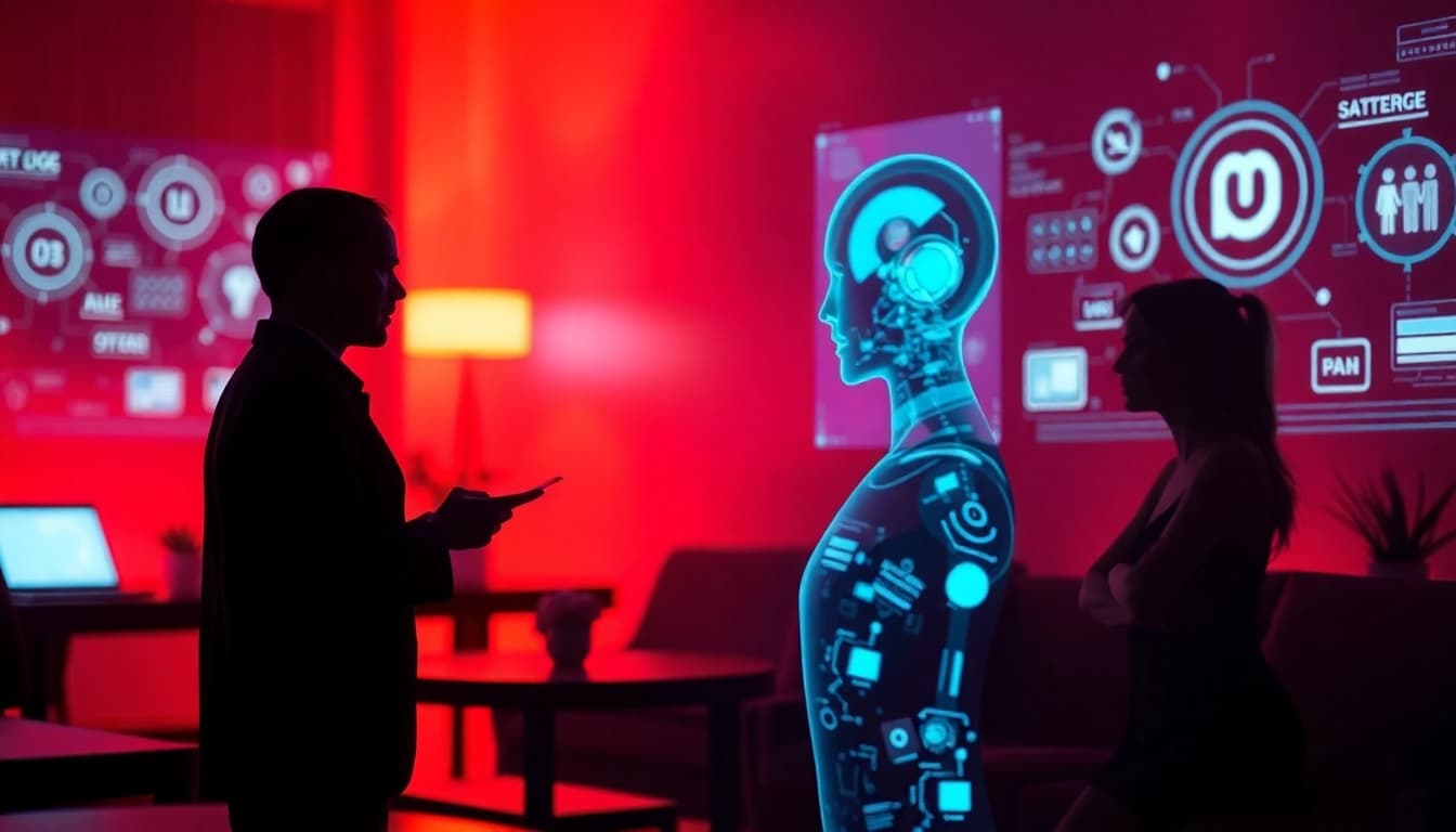 Engaging AI porn chat scene depicting a futuristic digital interaction with AI characters.