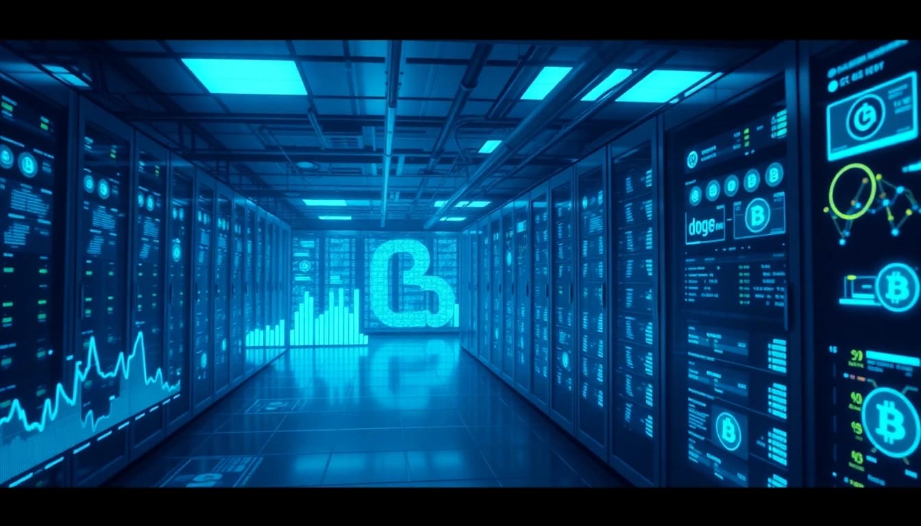 View of advanced data center representing dogecoin cloud mining with servers and graphs.