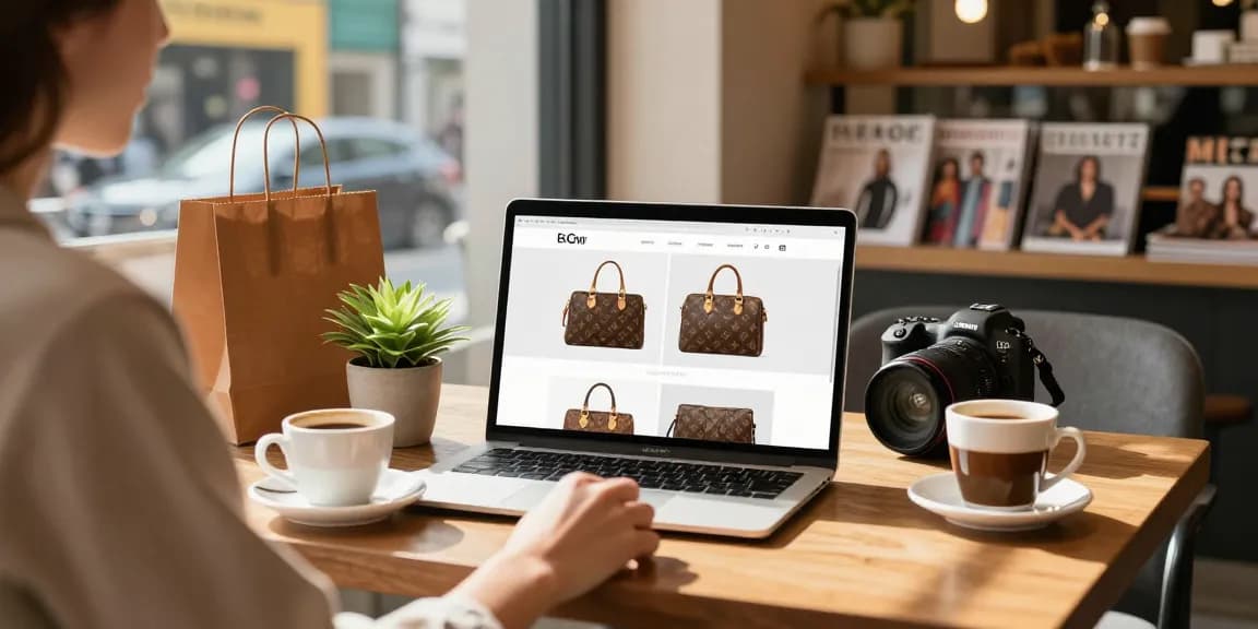 Engaged shopper exploring a 레플리카 사이트 on a laptop in a chic café setting.