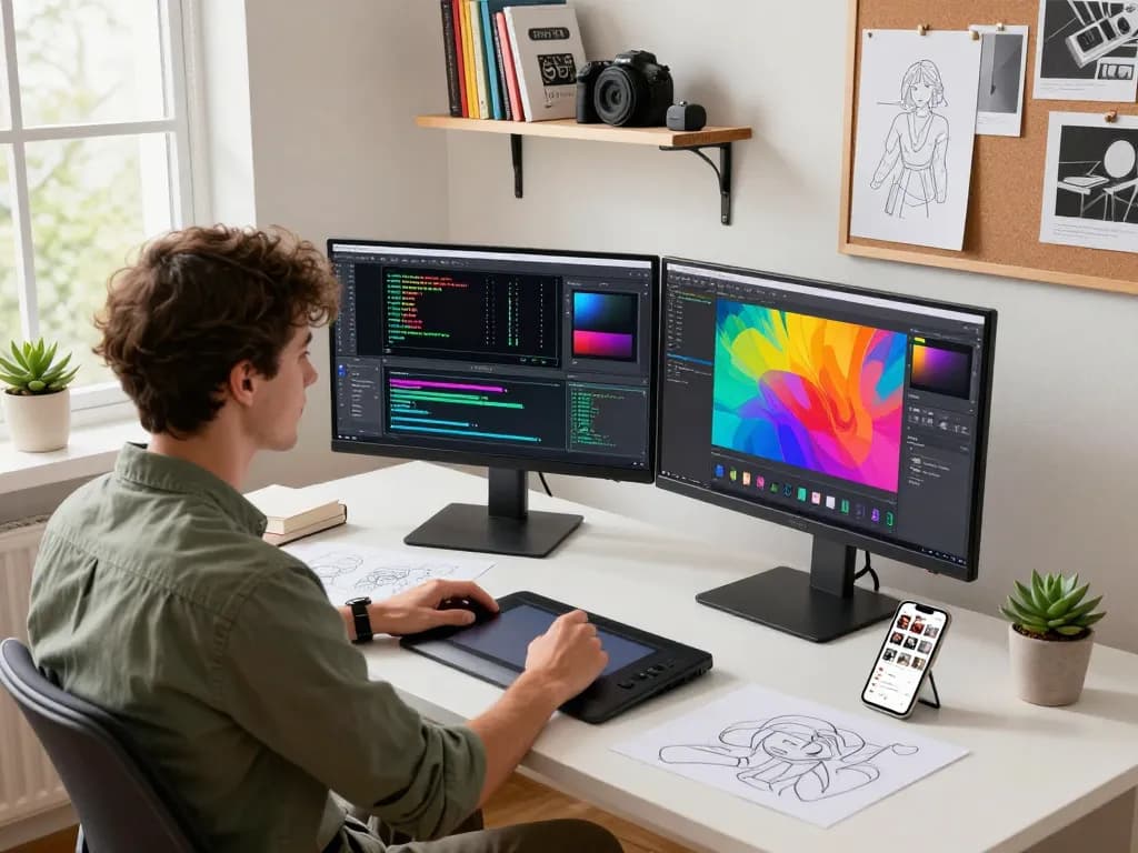 Designer utilizing nano banana 2 interface at a modern creative workspace with dual monitors.