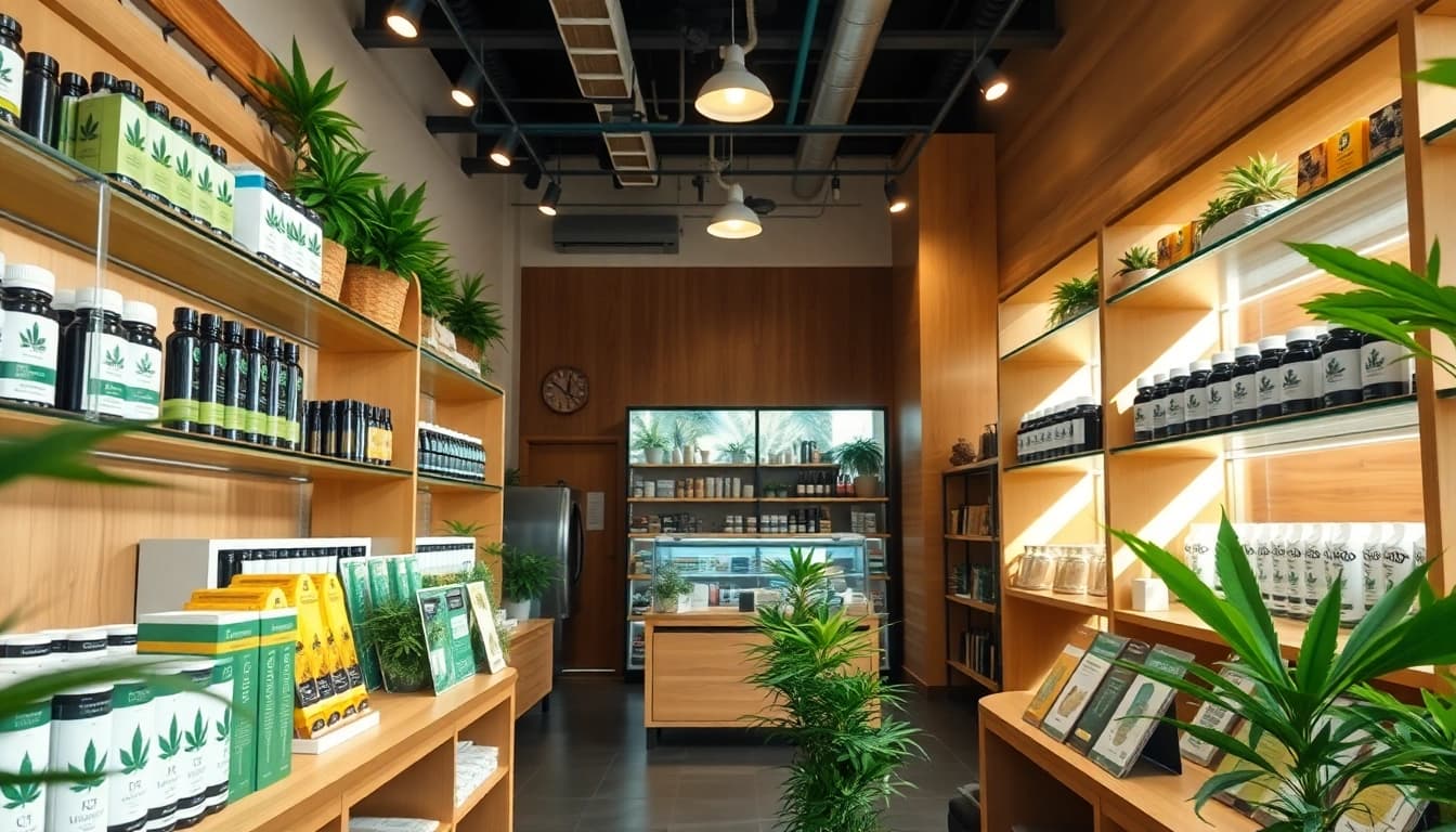 Browse through a stylish weed shop online featuring diverse cannabis products and warm ambiance.