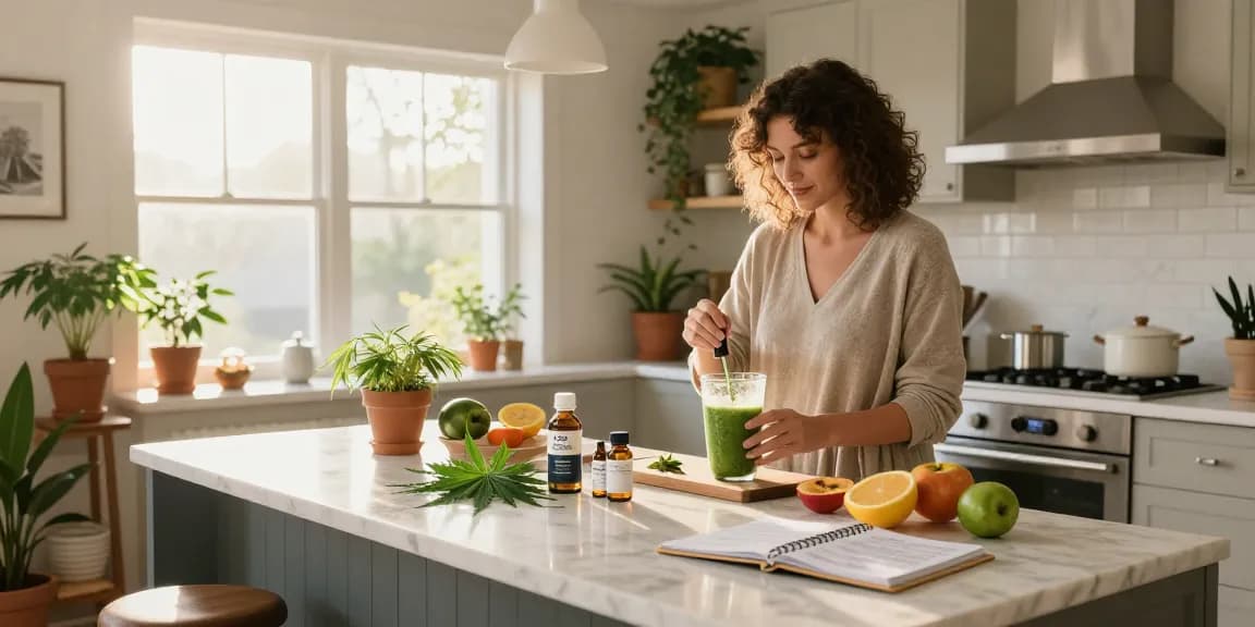 Quality CBD oil and wellness products in serene kitchen scene promoting genetiche Ministry cannabis for a healthy lifestyle