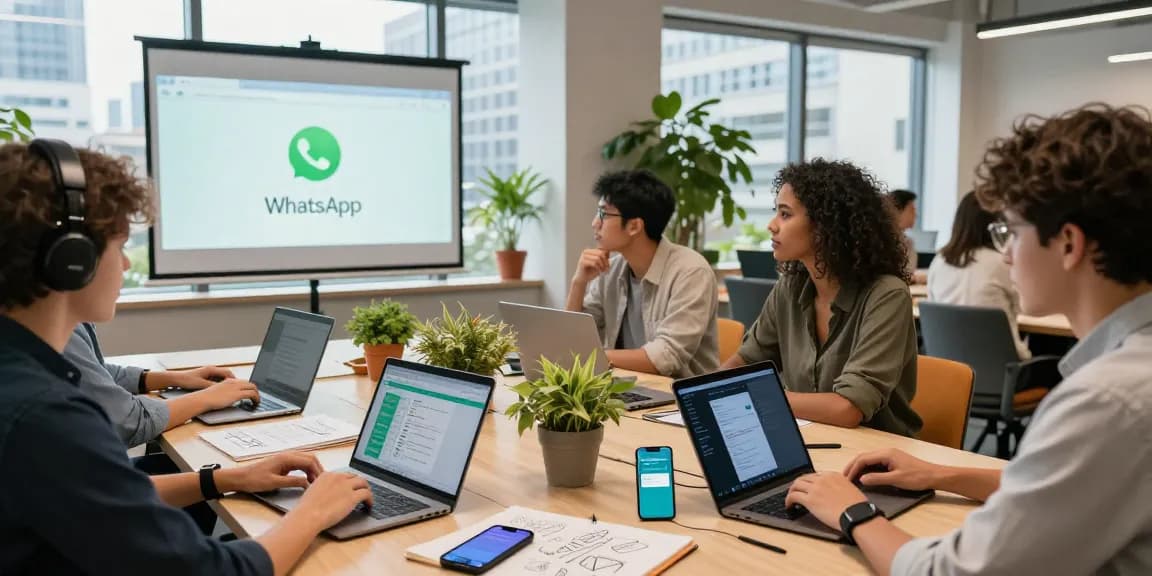 Dynamic workspace collaboration showcasing WhatsApp電腦版 on projector in a bright, modern office.