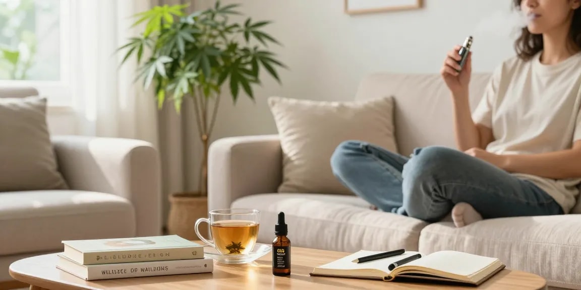 THC weed vape in a cozy wellness environment with CBD oil and plants.