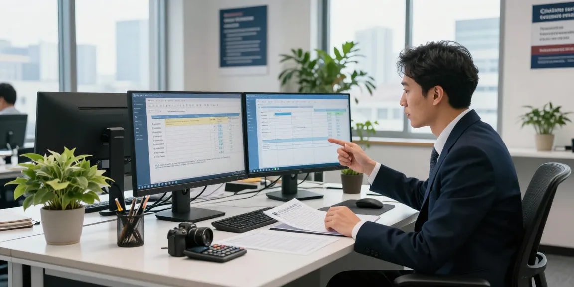 Business team detecting fraud invoice in a modern office setting with screens and paperwork.
