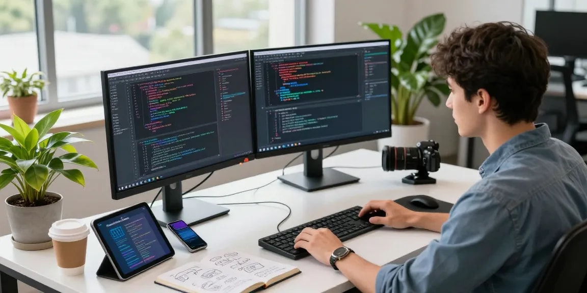 Developer coding in a vibrant office with dual monitors and tech gadgets, showcasing telegram中文版 for effective software communication.