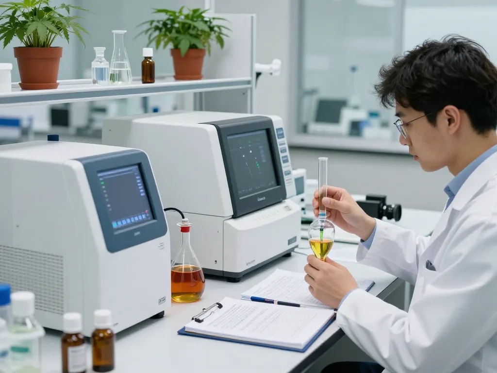 Cannabinoid manufacturer Europe laboratory scene focused on high-tech cannabis processing and analysis.