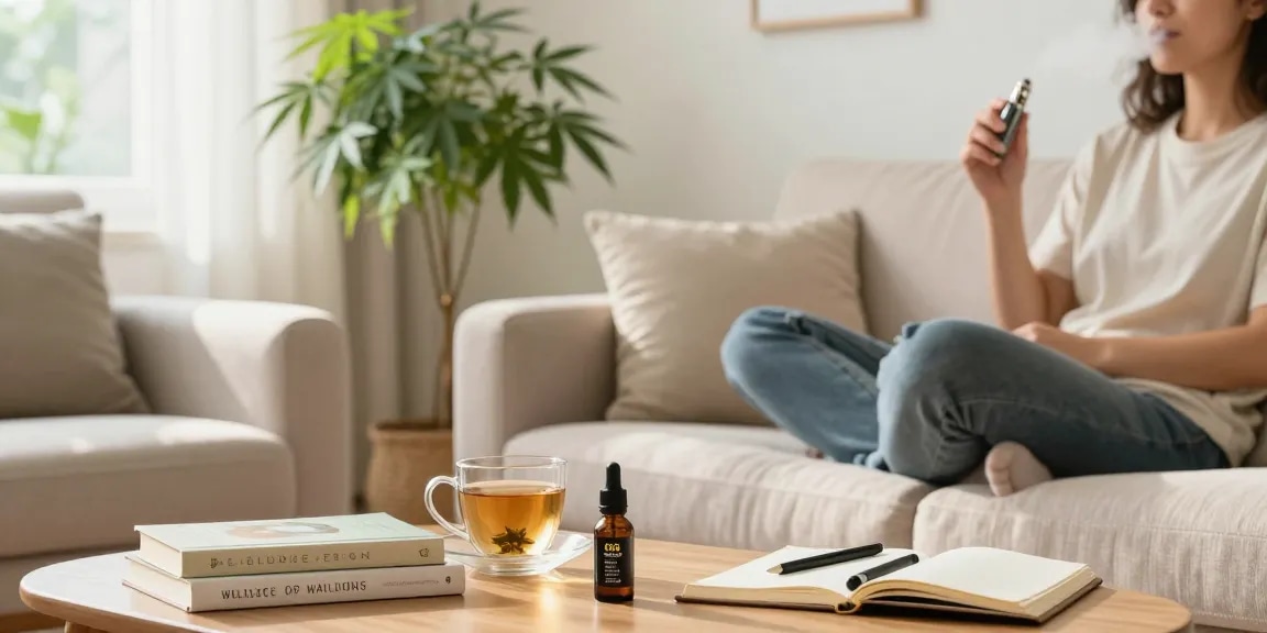 THC weed vape in a cozy wellness environment with CBD oil and plants.