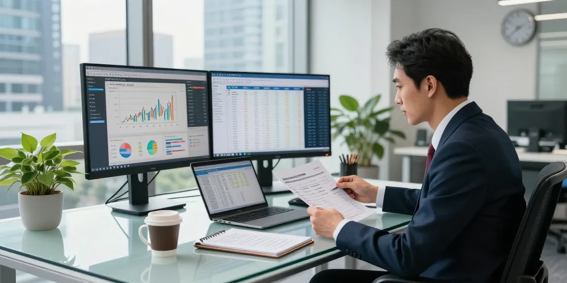 Asset tracing report analysis in a modern office setting with a financial analyst reviewing data.