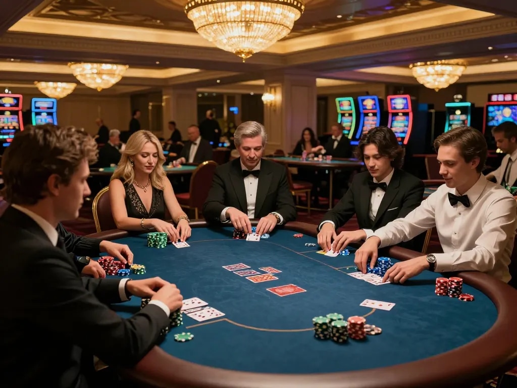 HB88 players engaged in a strategic poker game with vibrant casino atmosphere.