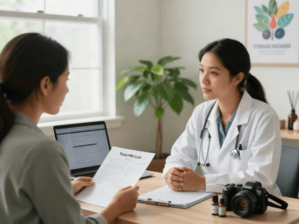 Patient discussing Texas MMJ card with healthcare professional in a welcoming clinic.