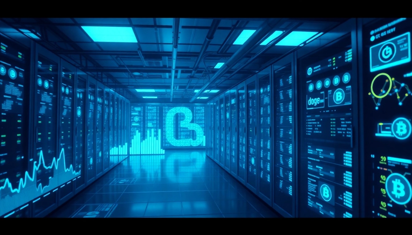 View of advanced data center representing dogecoin cloud mining with servers and graphs.