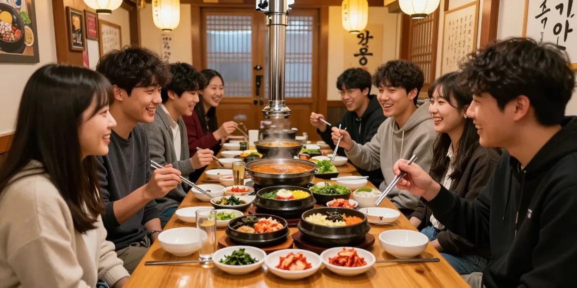 Dining at 상봉동 한국관, enjoying authentic Korean dishes in a lively atmosphere.