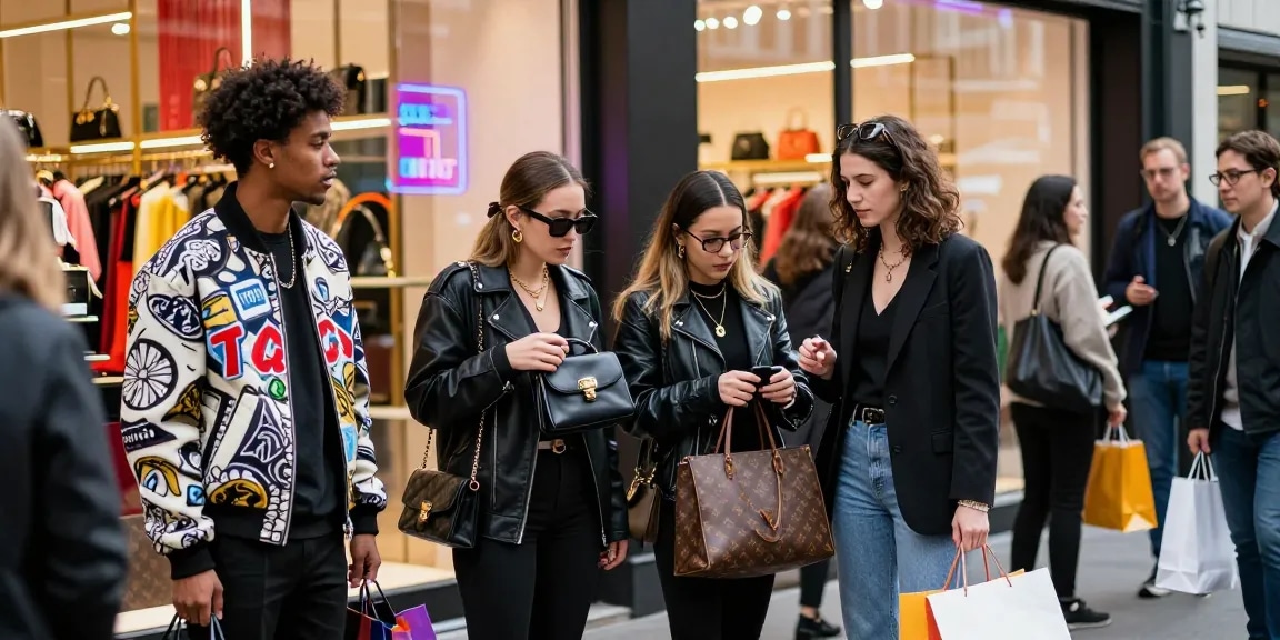 Fashion enthusiasts exploring a vibrant 레플리카 쇼핑몰 in an urban setting with stylish outfits.