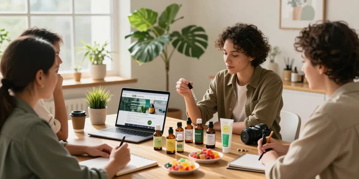 People exploring CBD North products in a cozy home setting, discussing wellness benefits.
