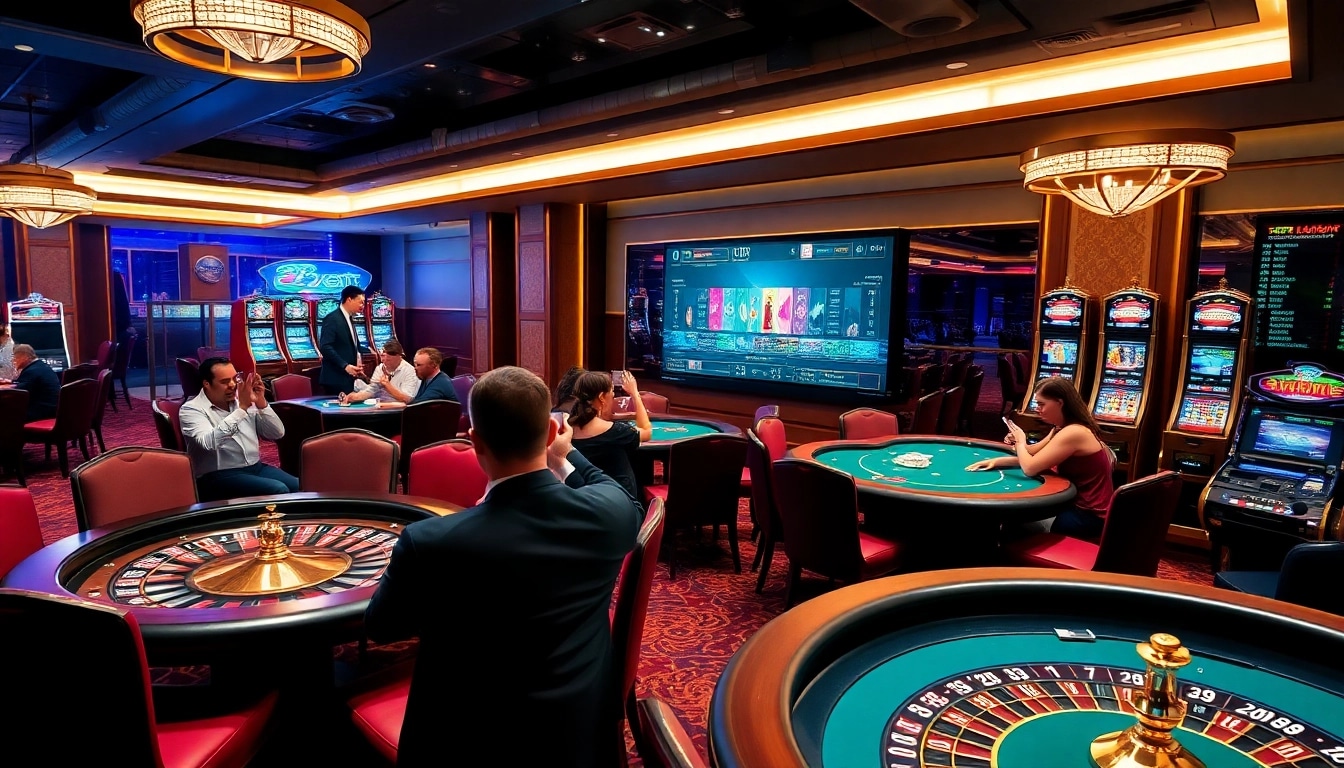 E2BET players engaged in an exciting poker game at a luxurious online casino.