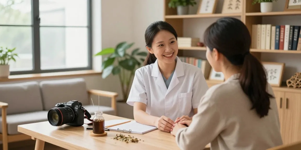 Professional consultation scene at 수원한의원 with an acupuncturist treating a patient in a soothing environment.