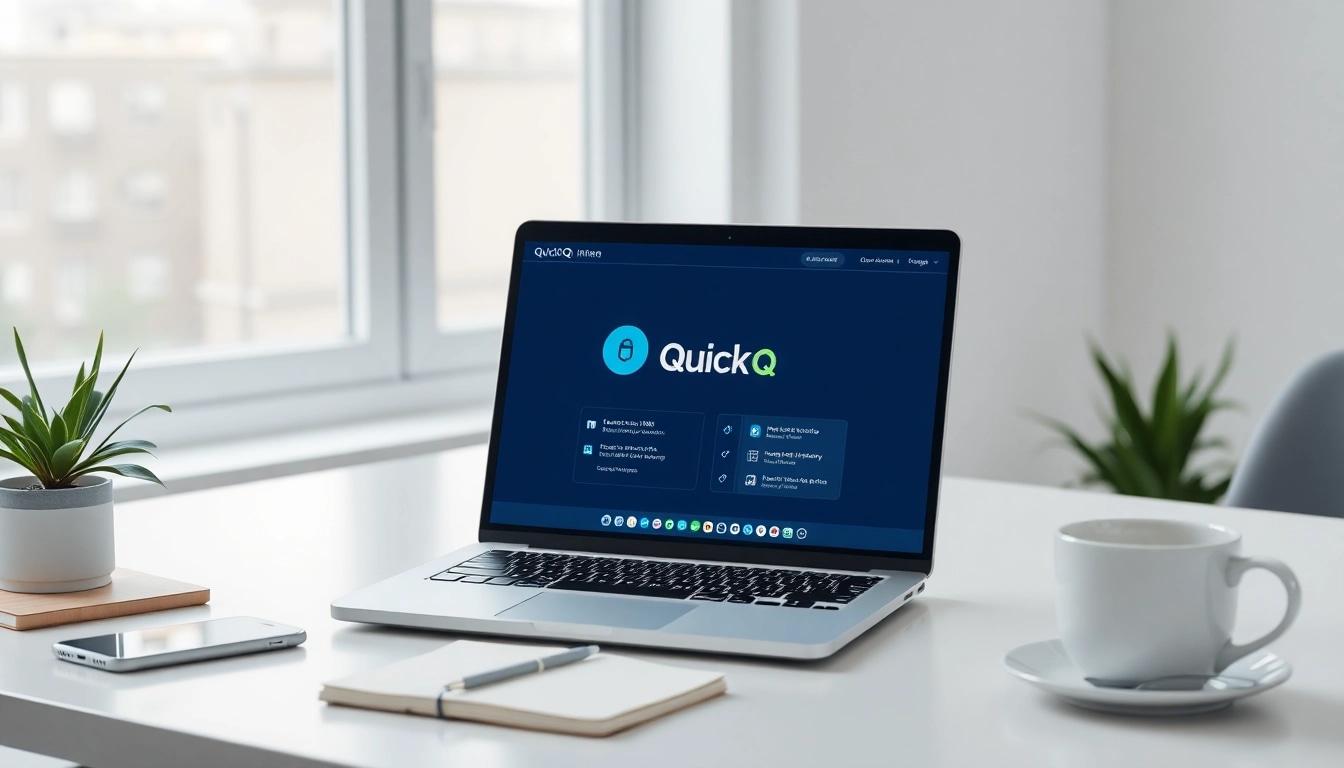 在现代数字化工作环境中展示的 QuickQ VPN 界面,强调安全性与效率。