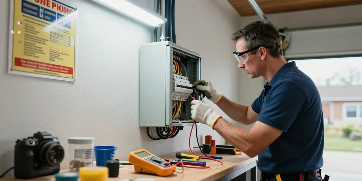 24 hour electrician repairing a residential electrical panel surrounded by tools in a well-lit garage.