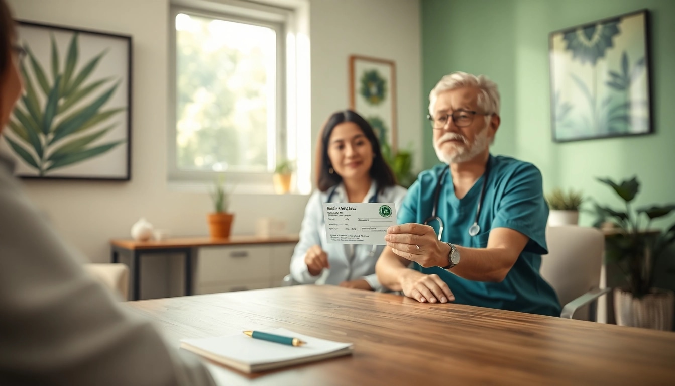 Patient discussing medical marijuana card with a healthcare provider in a warm office.