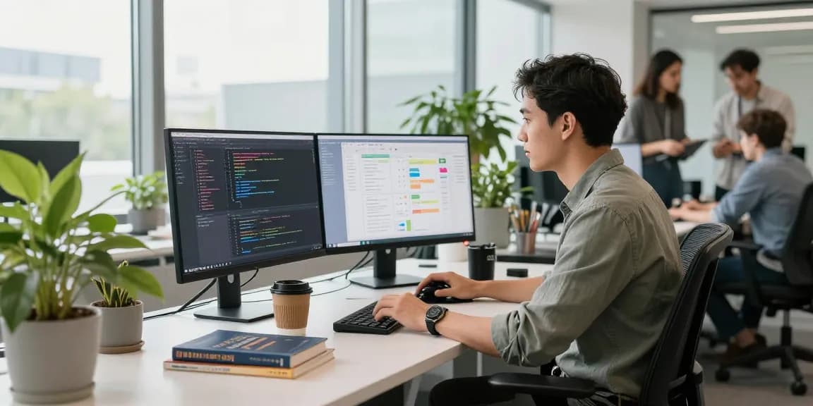 Software developer working with 24/7 Clones on dual screens in a modern office.