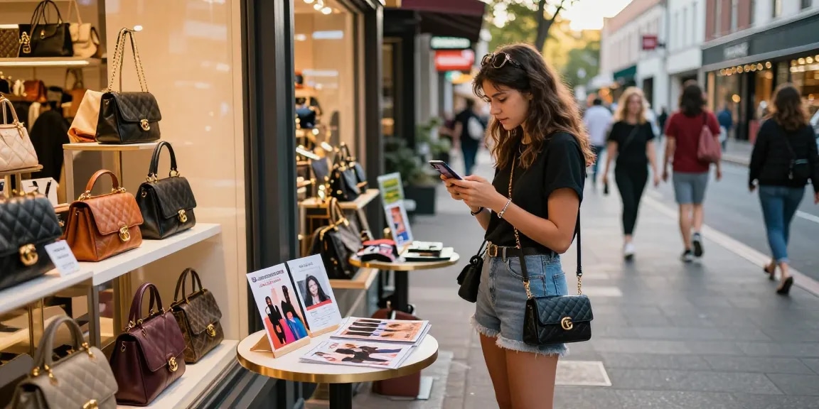 Shopping for high-quality 레플리카 쇼핑몰 products in trendy urban setting with vibrant displays.