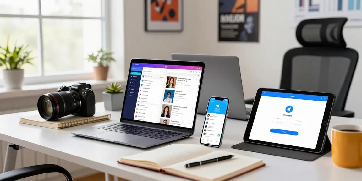 Using Telegram中文版 across devices in an organized tech workspace, showcasing productivity and communication.