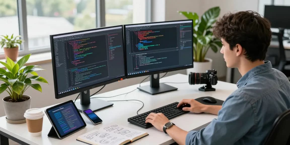 Developer coding in a vibrant office with dual monitors and tech gadgets, showcasing telegram中文版 for effective software communication.