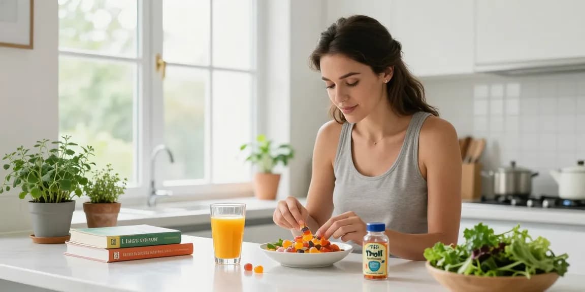 Trolli candy gummies with natural wellness elements like CBD oil and fresh ingredients in a bright kitchen setting.