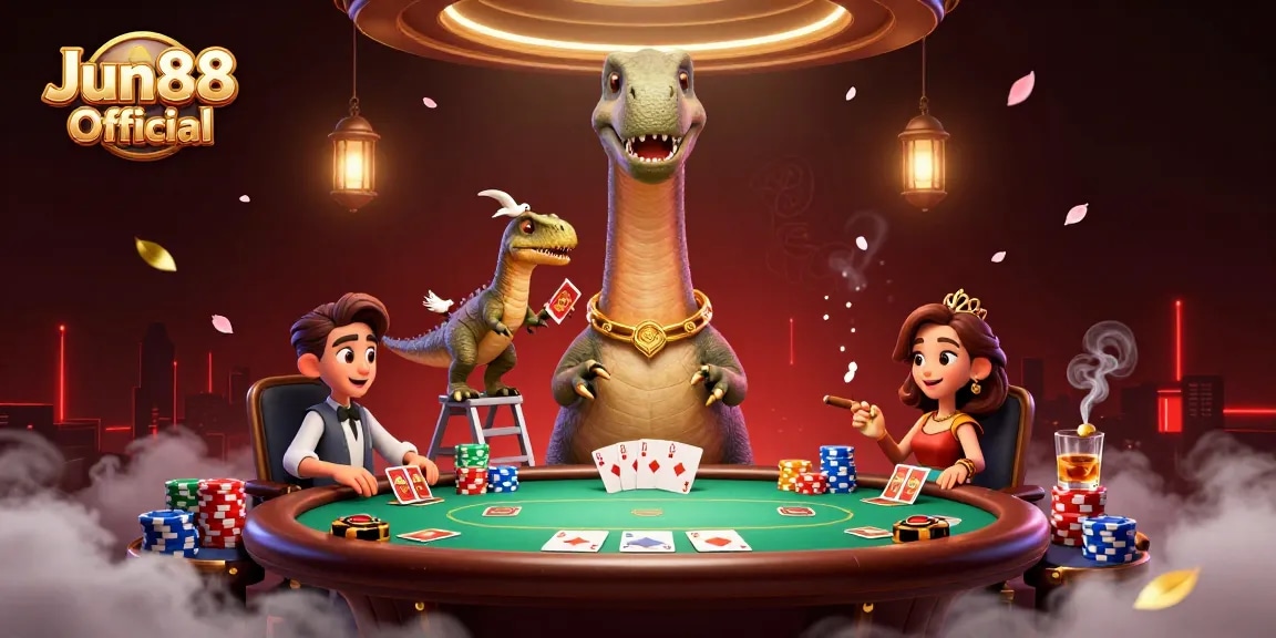Engage with Jun88 Official's vibrant 3D casino illustration showcasing a playful scene featuring gaming action and dynamic interactions.