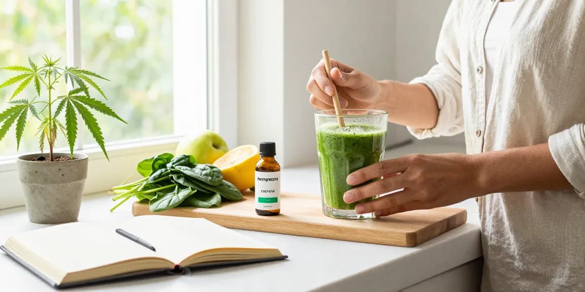 Hempworx CBD oil used in vibrant kitchen for natural wellness smoothie.