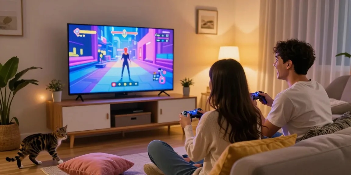 Couple enjoying an interactive sex game on smart TV in a cozy living room.