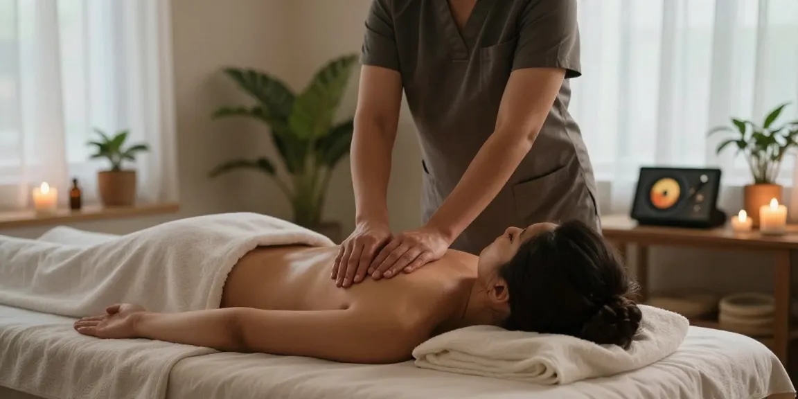 Massage therapist providing a calming 마사지 experience in a serene studio environment