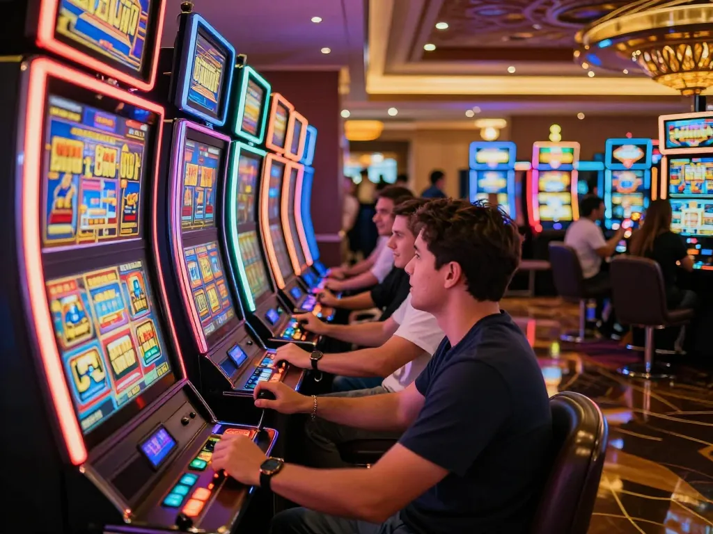 Engaged players enjoying situs slot machines in a vibrant casino atmosphere with colorful displays.
