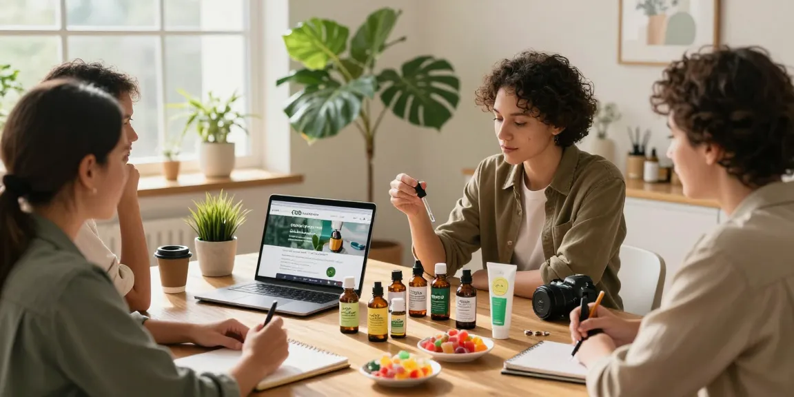 People exploring CBD North products in a cozy home setting, discussing wellness benefits.
