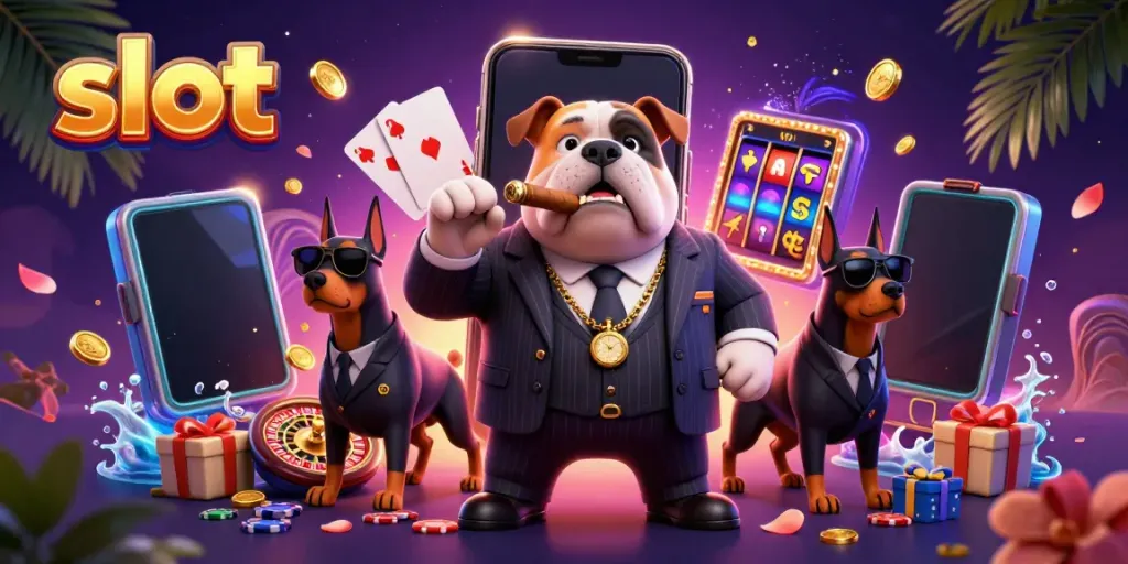 Experience exciting slot action with a mafia boss bulldog, dynamic game elements, and vibrant casino atmosphere.